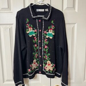 VTG Studio Collection Black Gingerbread Woman Christmas Embroidered‎ Sweater XL